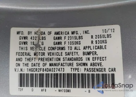 2013 Honda Accord Ex-L from USA, damaged, VIN 1HGCR2F84DA027473